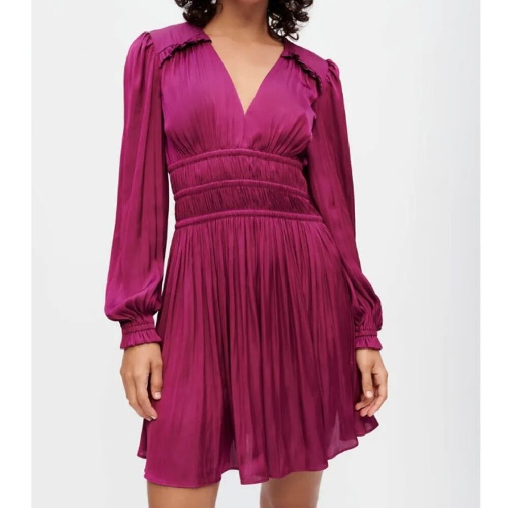 Maje Rianne Flowing Satin Mini Dress Womens FR 36/ S Purple V-neck Long Sleeve